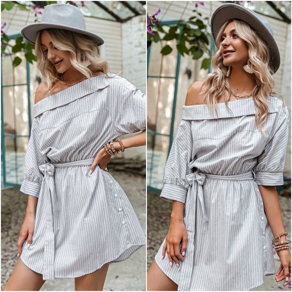 off shoulder striped belted button Blue dress - Picture 4 of 11